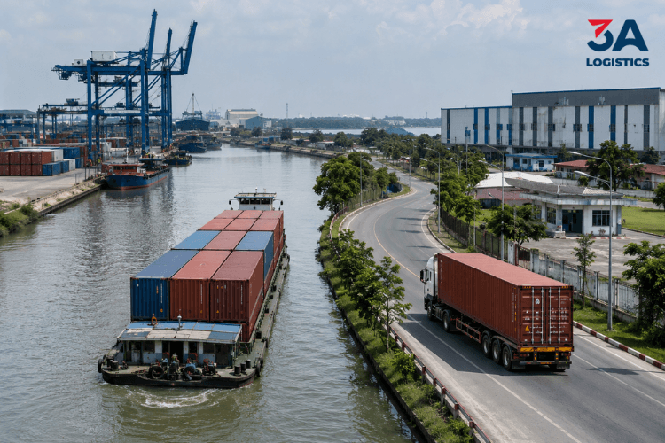 Kết hợp sà lan và xe đầu kéo để vận chuyển container theo hai chặng